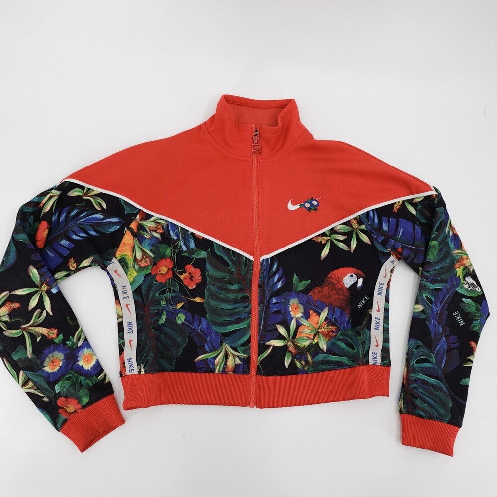 Nike Jacket Womens Small Red Tropical Floral Track Full Zip Cropped Athletic